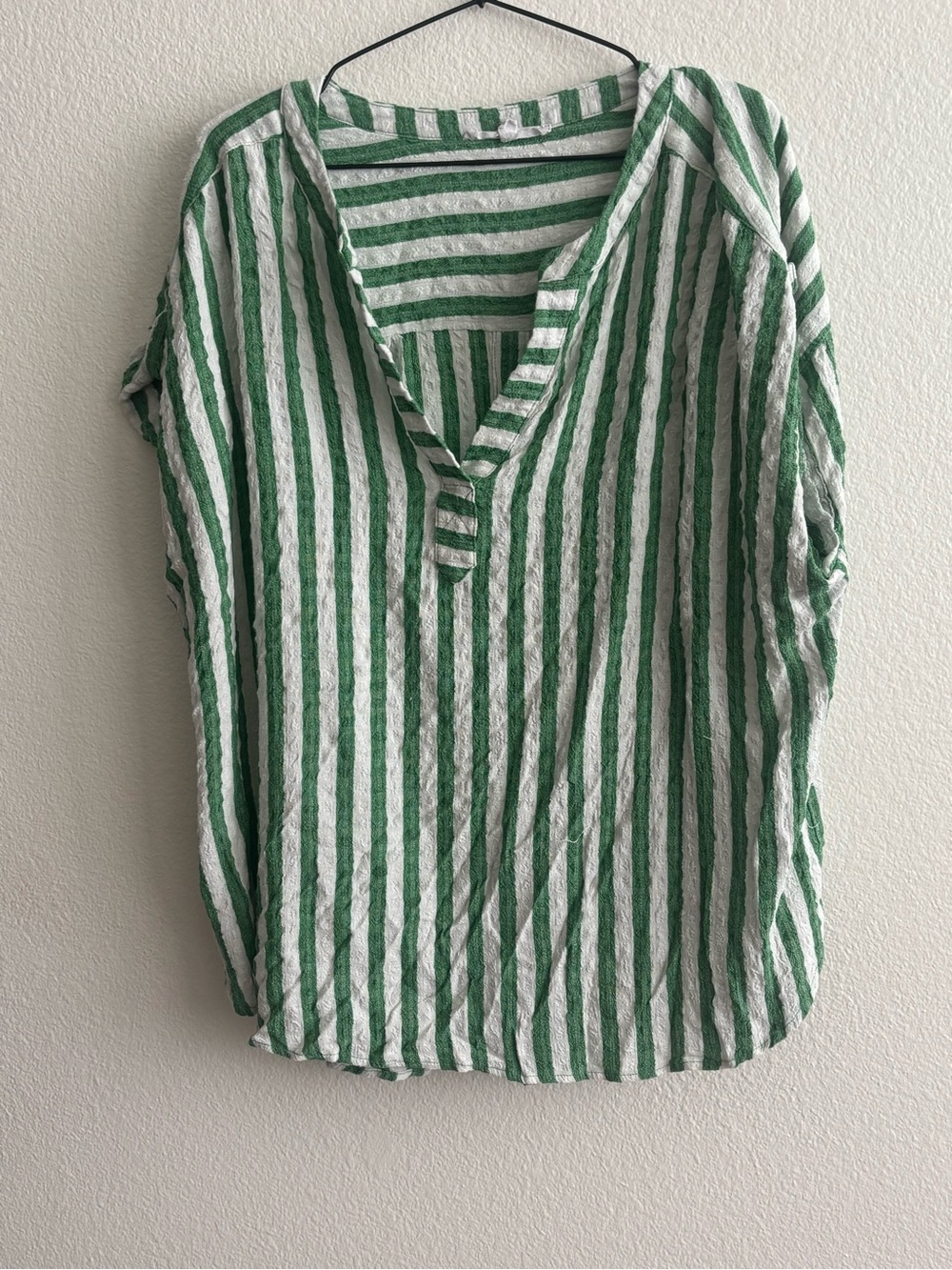Women’s Green and White Striped V-Neck Top